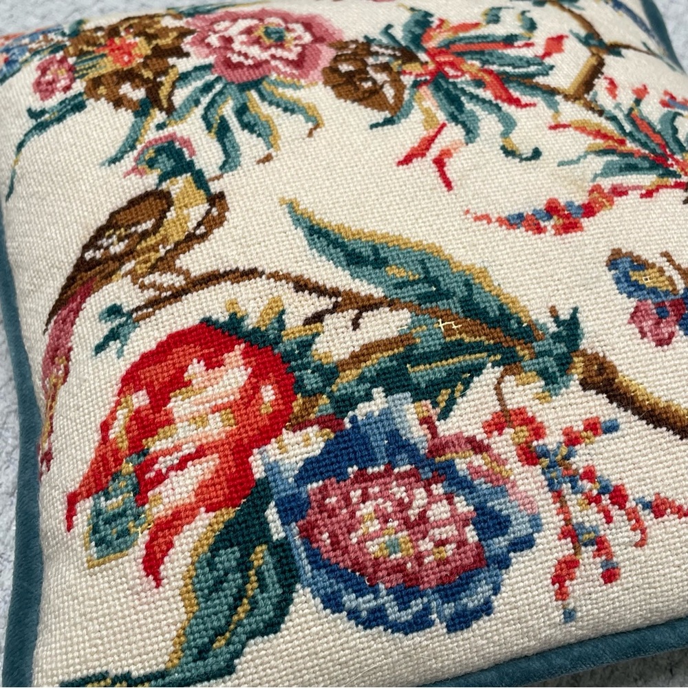 Cottagecore Floral Birds Embroidered Velvet Pillow Decor Tapestry Cream Blue - Picture 4 of 8